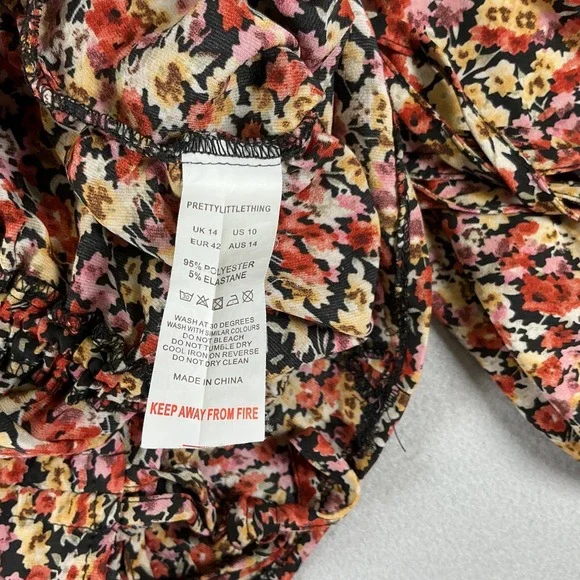 PrettyLittleThing Floral Ruched Mini Dress Long Sleeve Cottagecore Boho Size 10 - Picture 9 of 13